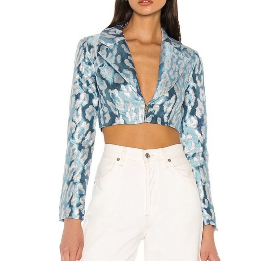 NBD Metallic Blue and White Cropped Blazer
